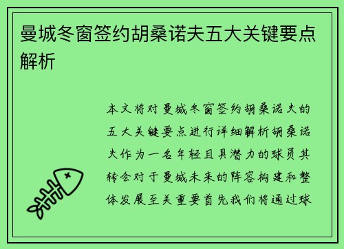 曼城冬窗签约胡桑诺夫五大关键要点解析