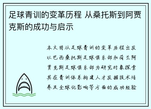 足球青训的变革历程 从桑托斯到阿贾克斯的成功与启示