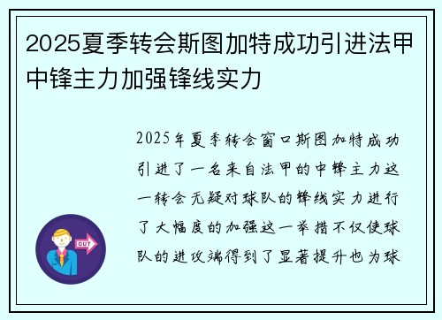 2025夏季转会斯图加特成功引进法甲中锋主力加强锋线实力